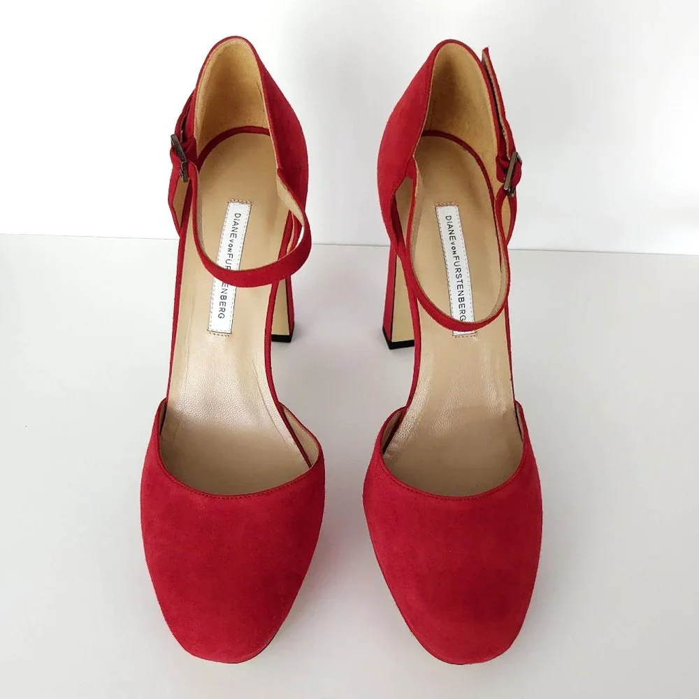Crimson red suede ankle strap platform pump